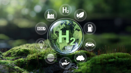 Fototapeta premium Hydrogen sustainable energy concept with environmental icons and globe symbol