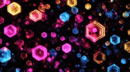 Abstract composition with glowing colorful hexagonal shapes floating in a dark space