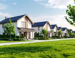 Modern suburban homes in a row, bright sunny day