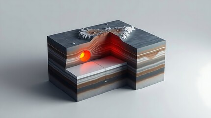 3D Geological Cross Section of Earth Layers with Magma Chamber and Volcano Formation. Earthquake. 3D Geological Cross Section of Earth Layers with Magma Chamber and Volcano Formation