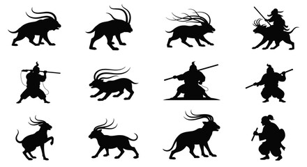 Explore mythical creatures and warrior silhouettes in this captivating vector graphic artwork design style on transparent background