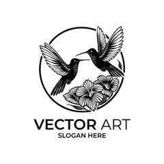 Black and White Hummingbird Logo with Hibiscus Flowers