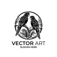 Black and White Parrot Logo with Ornate Foliage