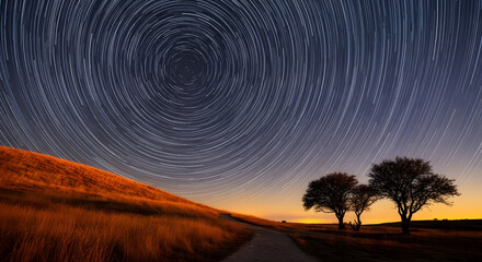 Dramatic Star Trails Over Golden Field with Trees at Dusk
