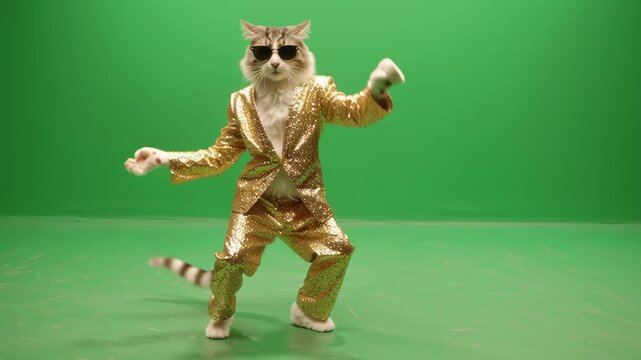 Funky cat dressed in sparkling gold suit dancing against a green screen background