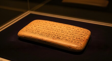 Ancient Clay Tablet with Cuneiform Script in a Museum Display Case
