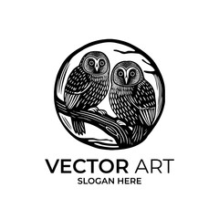 Two Owls on a Branch Vector Art