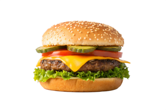 A classic grilled beef cheeseburger with melted cheddar cheese, fresh lettuce, tomato, and pickles on a sesame bun isolated on a white background.