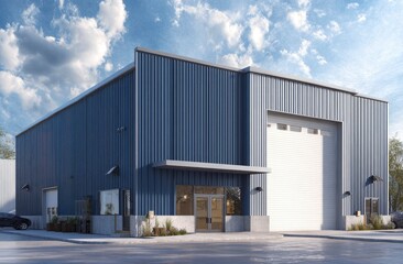 Obraz premium Modern industrial building, sunny day, suburban lot, commercial space