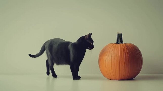 cat looking at a pumpkin