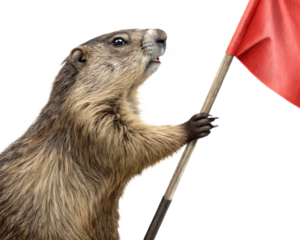 A marmot standing upright holding a red flag on a pole against a black background looking upwards