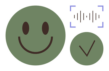 Green happy with relaxed expression, soundwave in brackets, checkmark denoting approval. Ideal for mood, feedback, communication, emotion, positivity success user experience. Simple flat metaphor
