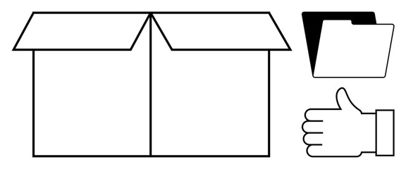 Open box alongside a simple file folder and a thumbs-up gesture outline. Ideal for storage, organization, approval, success, minimalism, shipping, or a simple landing page