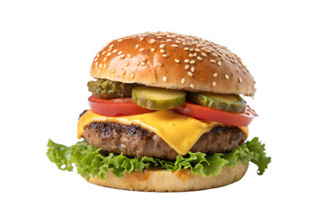 A perfectly grilled classic cheeseburger with melted cheddar cheese, fresh lettuce, tomato, and pickles on a sesame seed bun, isolated on a white background.