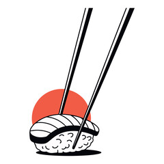 Sushi nigiri with salmon being picked up by chopsticks, against a red sun or circle background.