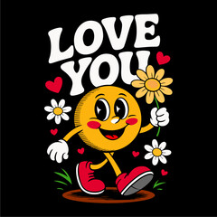 Cheerful cartoon character expressing love, carrying a daisy, surrounded by hearts and flowers.