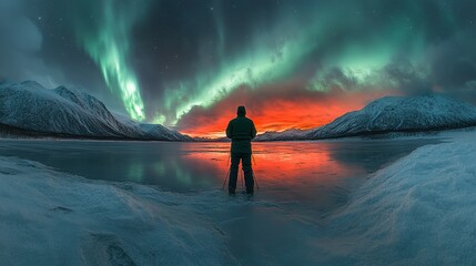 Lone Photographer Captures Fiery Aurora Over a Frozen Arctic Lake