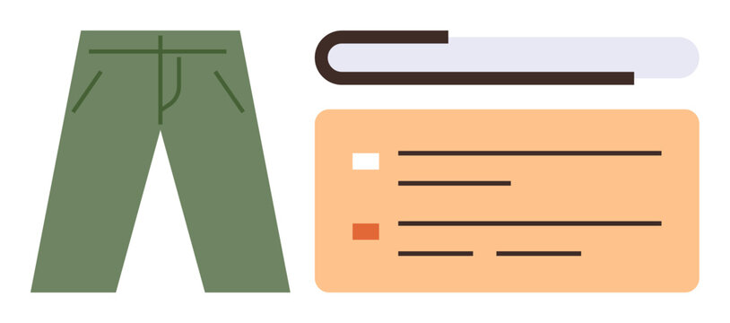 Green trousers alongside a swatch and informational card with product details. Ideal for clothing design, fashion retail, fabric selection, apparel branding, e-commerce, product description, simple