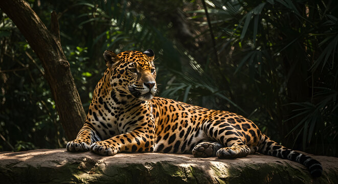 A majestic jaguar rests on a rock, its spotted coat blending with the shadows of the lush jungle foliage. - Powered by Adobe