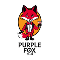 A cartoon fox, dressed in a tuxedo, holds a cocktail, logo design.
