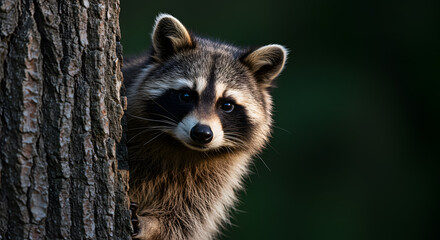 Fototapeta premium A curious raccoon peers out from behind a tree, its masked face and bright eyes capturing the viewer's attention.