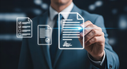 Confident professional reviewing digital contracts and tasks on futuristic interface