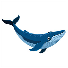 Blue cartoon whale vector icon on white. Cute flat design illustration of underwater animal, ideal for ocean life, sea creatures and marine visuals