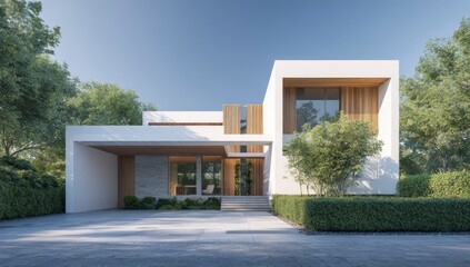 Modern home exterior, sunny day, lush landscaping,  potential for marketing