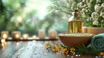 an inviting wellness scene showcasing serene spa elements on a wooden table featuring aromatic oil a bowl with liquid candles a towel and floral