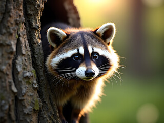 Fototapeta premium A curious raccoon peers out from its tree hollow, its masked face and bright eyes capturing the viewer's attention.