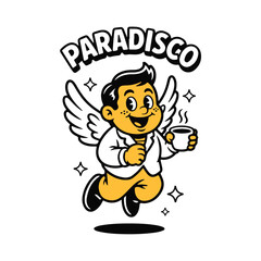 Cartoon angel character holding coffee cup, flying, retro style logo.