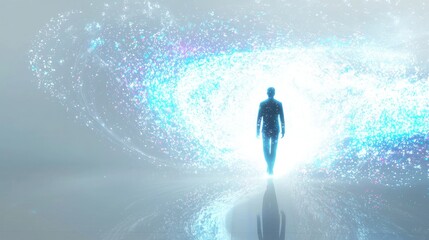 Person walking through light portal