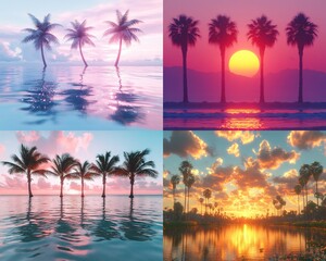 Quadruple image showcasing idyllic tropical sunsets over calm water, featuring multiple palm trees silhouetted against vibrant skies with varying cloud formations and reflective surfaces