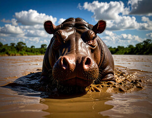 Fototapeta premium A hippo emerges from muddy water, its eyes fixed on the viewer. The animal's skin glistens in the sunlight, creating a striking contrast.