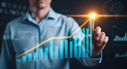 Confident businessman analyzes glowing digital growth chart with global data visualization in modern office
