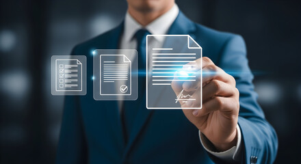 Professional signing digital contract on futuristic screen, confirming agreement with technology