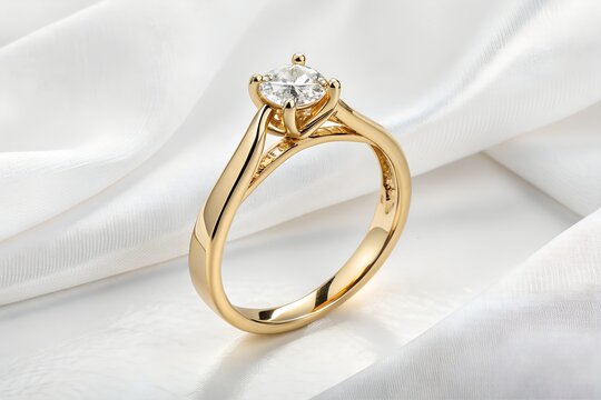 Elegant yellow gold engagement ring with a brilliant solitaire diamond, beautifully presented on a soft white silk background. - Powered by Adobe