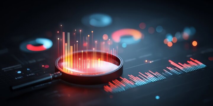 Magnifying glass is on a black background with a red and blue line