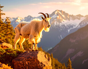 Obraz premium A majestic mountain goat stands proudly atop a rocky peak, bathed in golden light against a stunning mountain backdrop.