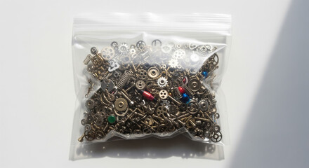 Fototapeta premium Vacuum-sealed transparent plastic bag filled with assorted vintage brass watch gears, springs, and miniature mechanical parts, isolated on a clean white background