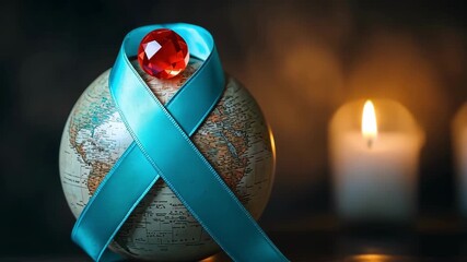 Teal ribbon on globe with red gem, candles in background. Global awareness campaign.