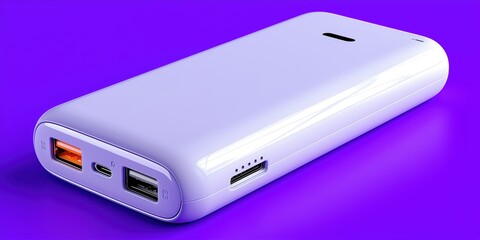 Modern purple power bank with multiple ports for technology and travel convenience.