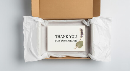 Open cardboard box with white tissue paper and a thank you card on top, styled with lavender sprig and eucalyptus leaf, ready for shipping or unboxing presentation