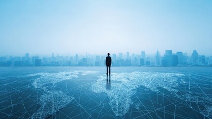 Businessman Presenting Global Network and Connectivity on World Map, Embodying Business Technology Concept with Hopeful Skyward Gaze Amidst Urban Skyline