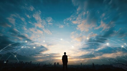 Businessman Presenting Global Network and Connectivity on World Map, Embodying Business Technology Concept with Hopeful Skyward Gaze Amidst Urban Skyline