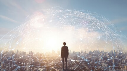 Businessman Presenting Global Network and Connectivity on World Map, Embodying Business Technology Concept with Hopeful Skyward Gaze Amidst Urban Skyline