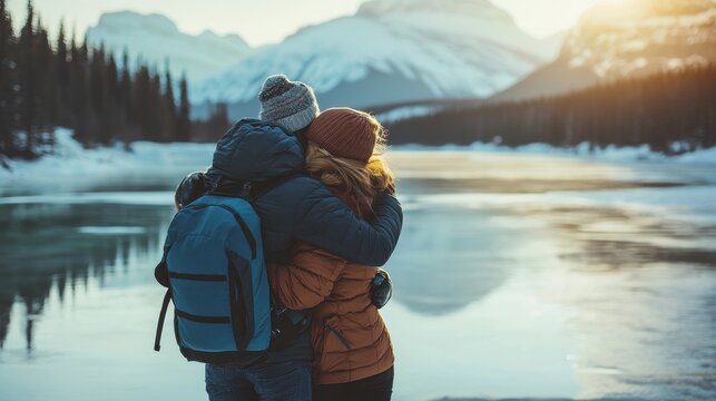 Couple embracing by frozen lake - Powered by Adobe