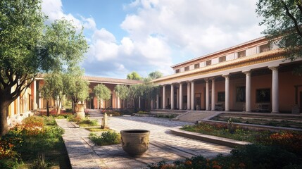 Ancient Roman Villa Courtyard Reconstruction: A Digital Rendering of a Luxurious Estate