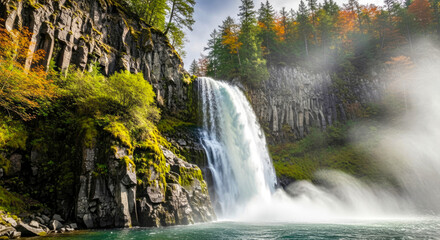 Fototapeta premium majestic waterfall cascading down mossy cliffs in autumn sunlight