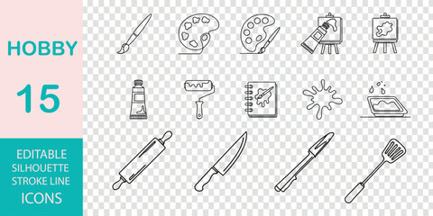 Art and Craft Hobby Icons Set Outline Style Transparent Background vector illustration
